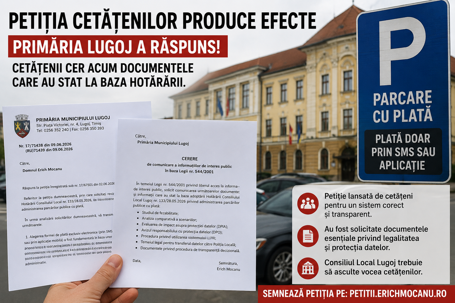 Primăria Lugoj răspunde petiției privind parcările cu plată. Cetățenii cer acum documentele care au stat la baza hotărârii
